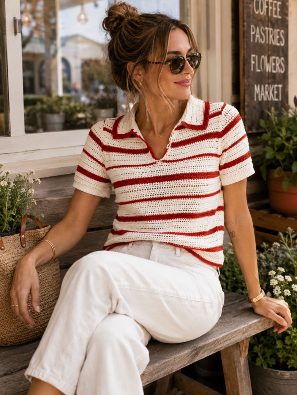 Madewell Red White Crochet Knit Polo Sweater Medium Coastal Grandmillennial Top